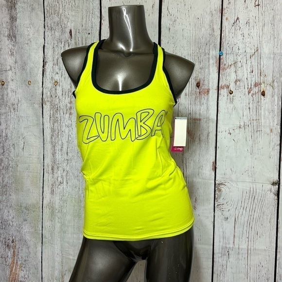 ZUMBA FITNESS sporty stretchy black tank top Green “Join the Party” Large NWT - Picture 5 of 9